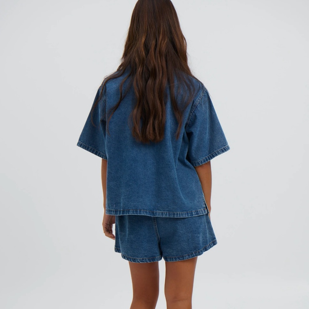 The Bronze Snake Delaney Denim Set Dark Blue Short Sleeve Jean Top Shorts Coord - Picture 7 of 14